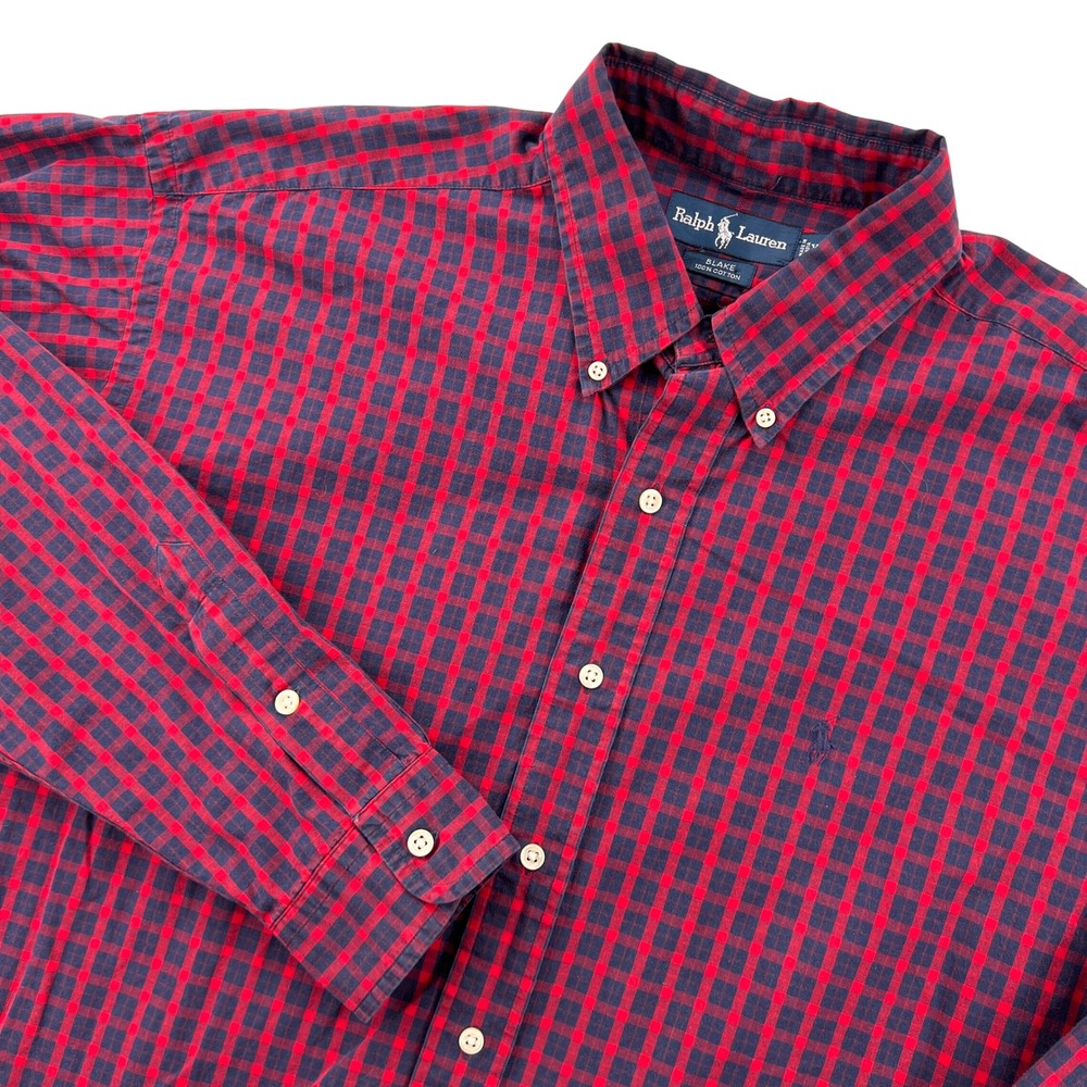 Ralph Lauren Blake Button Down Shirt Mens XL Red Navy Gingham Check Ivy Preppy